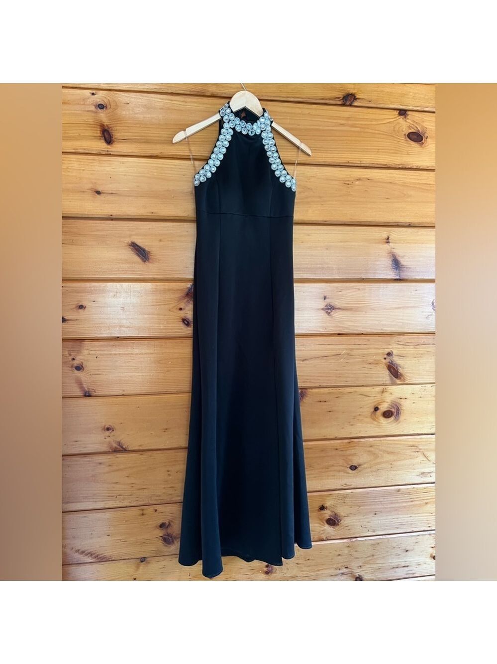 Crystal Doll Black Sheer Back neckline diamonds Long Prom Dress size 3
